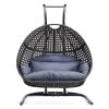 Modern Muse Charcoal Wicker Hanging Double-Seat Swing Chair with Stand w/Dust Blue Cushion