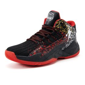 Men's breathable basketball shoes fashion non-slip combat sports shoes shock absorption student training sports shoes (Color: Black Red, size: 45)