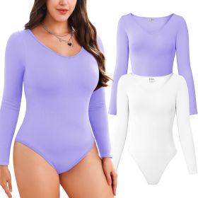 Women Long Sleeve Bodysuits 2 Pack, V Neck Sexy Tops with Ribbed Seamless Design (Color: White+LightPurple, size: L)