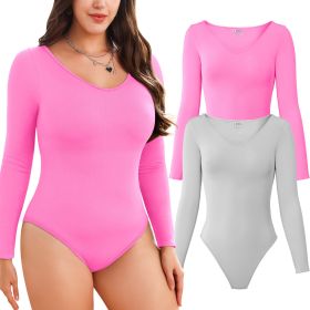 Women Long Sleeve Bodysuits 2 Pack, V Neck Sexy Tops with Ribbed Seamless Design (Color: LightGrey+Pin, size: S)