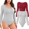 Women Long Sleeve Bodysuits 2 Pack, V Neck Sexy Tops with Ribbed Seamless Design