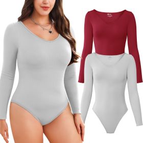 Women Long Sleeve Bodysuits 2 Pack, V Neck Sexy Tops with Ribbed Seamless Design (Color: LightGrey+WineRed, size: M)