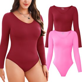 Women Long Sleeve Bodysuits 2 Pack, V Neck Sexy Tops with Ribbed Seamless Design (Color: WineRed+Pink, size: L)