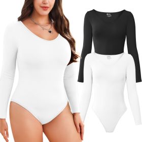 Women Long Sleeve Bodysuits 2 Pack, V Neck Sexy Tops with Ribbed Seamless Design (Color: Black+White, size: L)